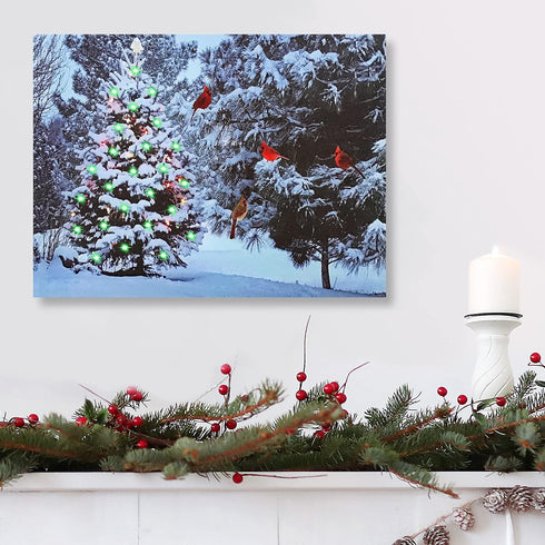 BANBERRY DESIGNS Lighted Christmas Tree & Cardinal Birds LED Canvas Print - Snowy Winter Scene Wall Art