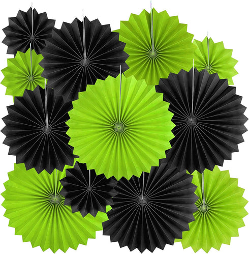 Black Green Party Hanging Paper Fans - 12pc Tropical Jungle Animal Birthday Decorations, Graduation Bachelorette