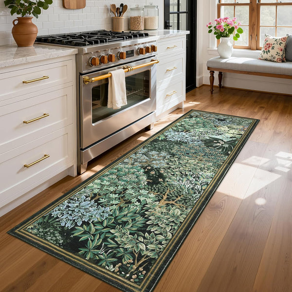 GarveeHome Forest Runner Rug 2.5x8, Blue Green Washable Runner Rug for Kitchen,