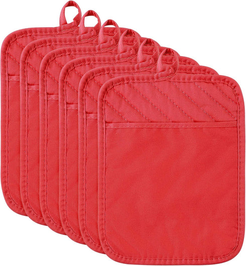 R HORSE 6Pcs Christmas Red Pot Holders with Pocket, Heat Resistant Potholder Set for Kitchen, 7''x9''