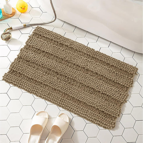 SUBRTEX Bathroom Rugs Chenille Bath Rug - Soft Non Slip Striped Plush Bath Mat for Bathroom (Sand, 16"x24")