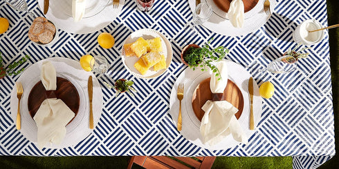60x102, DII Indoor/Outdoor Vinyl Tabletop Collection Grid Pattern, Flannel Backed Tablecloth, Rectangle, Navy