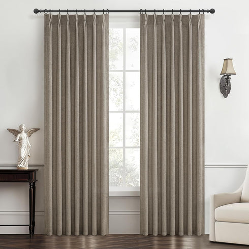 Pinch 54 Inch 2 Set, Custom Heavy Linen Pleated Kitchen Curtains Panels Dark Tan Boho Memory Trained Privacy Short