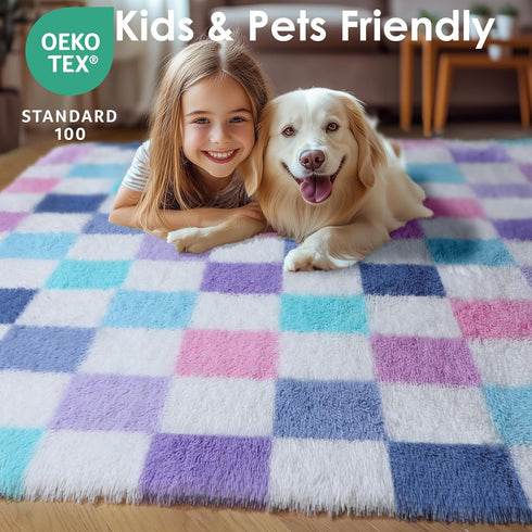 KICMOR 5x7 Purple Rainbow Checkered Area Rugs for Living Room, Colorful Fluffy Soft Fuzzy Shag Shaggy Bedroom Carpet