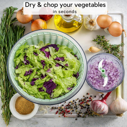 6.3-Quart 0.95-Quart Brieftons Salad Spinner and Chopper: Large Lettuce Greens Vegetable Washer Dryer, with Bonus