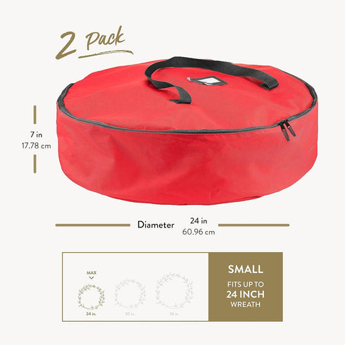 ZOBER Christmas Wreath Storage Container - 24 Inch Waterproof Box - Durable Handles, Dual Zippers & Card Slot - 2 Pk