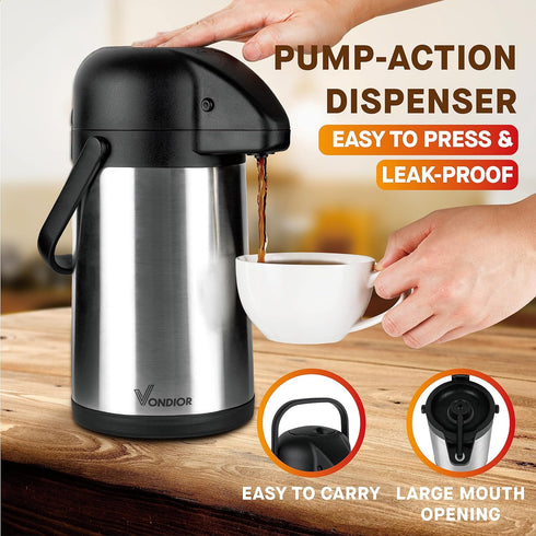 64 Oz Airpot Coffee Dispenser with Pump, Insulated Thermal Carafe, Stainless Steel Hot Beverage Dispenser