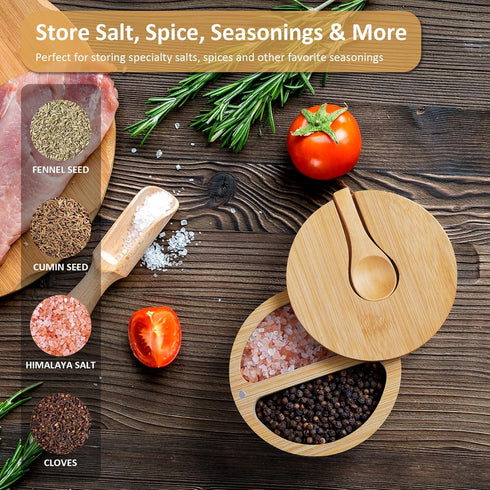 OUTNILI 2-Compartment 6 oz Salt Box with Lid and Spoon, Bamboo Salt Cellar with Swivel Lid, Salt and Pepper Bowls