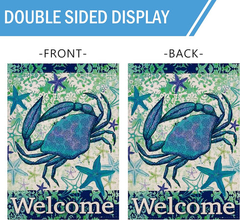 Welcome Summer Coastal Crab Small Decorative Garden Flag, Double Sided 12x18, Tropical Sea Decor