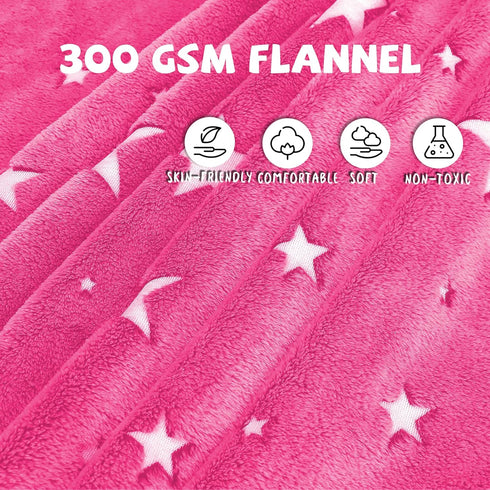 Glow in The Dark Blanket for Kids, Soft Cozy Warm Fuzzy Throw Blanket with Pink Glowing Stars