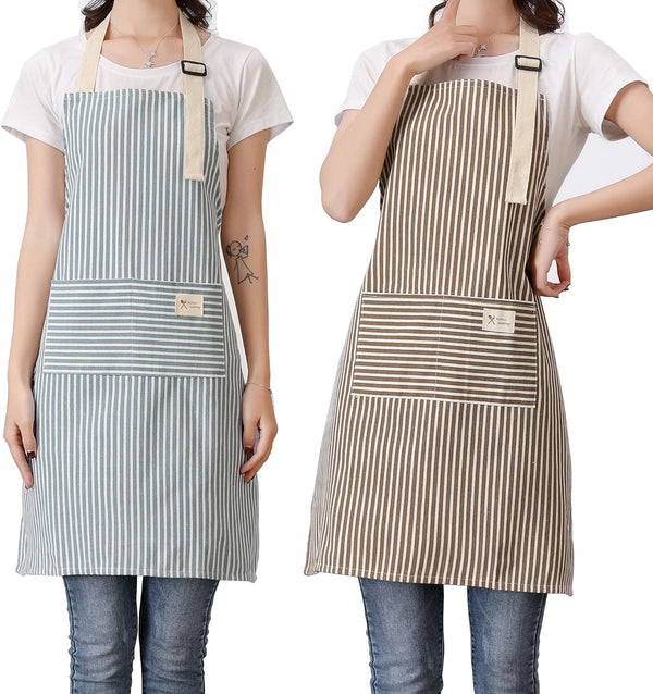 Lofekea Adjustable Bib Aprons, 2 Pack with 2 Pockets, Cotton Linen Cooking Chef Apron for Women and Men
