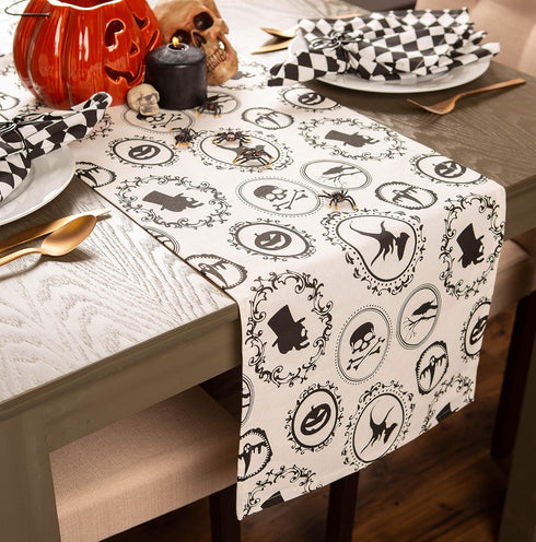 DII Halloween Party Tabletop Decor, Reusable Cotton Fabric Table Runner, 14x72, Spooky Portraits, Machine Washable