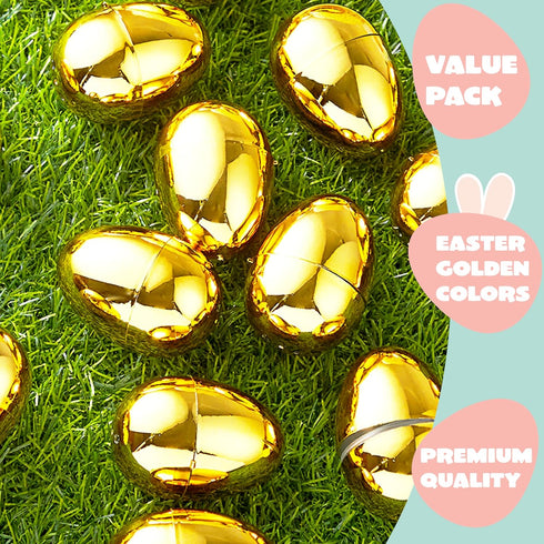 18Pcs 2.3" JOYIN Gold Easter Eggs, Metallic Plastic Empty Eggs Fillable for Easter Hunt Supplies, Basket Stuffers, Toys
