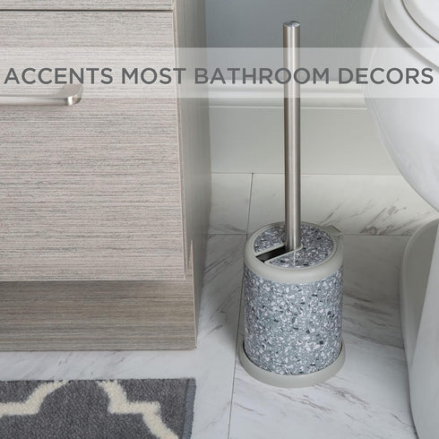 Bath Bliss Toilet Brush and Holder with Self Closing Lid, 360 Degree Brush Head, Compact Size, Terrazzo Grey with Pink