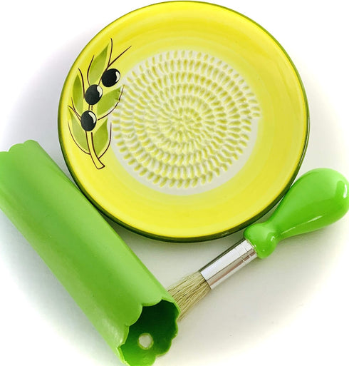 BonCera 4pcs Premium Ceramic Garlic Grater Set - Handmade Olive Design Grater Plate with Garlic Peeler, Gathering Brush