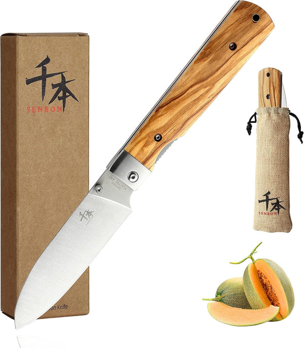 SENBON 440A Stainless Steel Ultra Sharp Pocket Folding Japanese Peeling Utility Knife, Natural Olive Handle