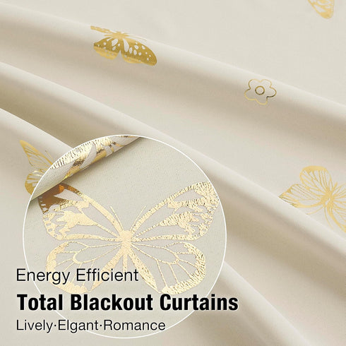 84 Inches Grommet Jubilantex Ivory Gold Butterfly Blackout Curtains Long with Black Layer Thermal Insulated Window