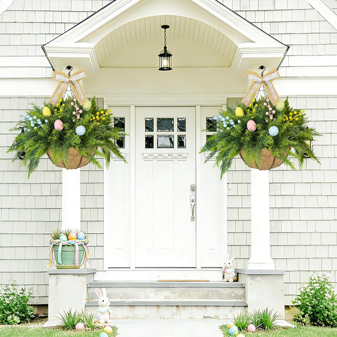 NSOPB Set 2 24 of Easter Artificial Hanging Plant Flower Baskets, Fake Planter Hanging with Pcs Cypress Leaves, Faux