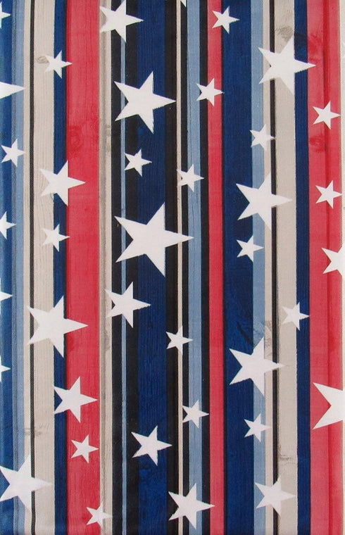 Elrene Home Fashions Patriotic Stars on Red, White, Blue and Black Wood Grain Stripes Vinyl Flannel Back Tablecloth,