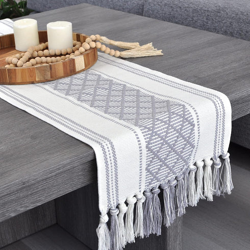 14x72 Inches Grey Table Runner with Tassel Gray & Cream Checks Geometric Design , Woven Washable Heavy Dresser Scarf