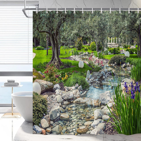 Garden Scenic Shower Curtain Colorful Flowers Green Landscape Bathroom Curtains Spring Plants Nature Decor with Hooks