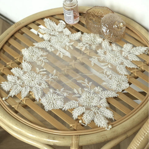 VIRFONOR 23.6x23.6) Handmade Embroidery Beaded lace Doilies - Home Decor Mat for Coffee Table, Ornaments, Flower Pot