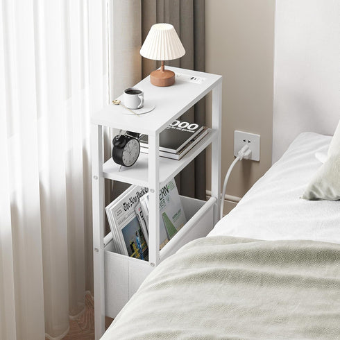3 LET503WE Narrow Side Table with Charging Station Slim End Table Sofa with Magazine Rack, Bedside Table for Small