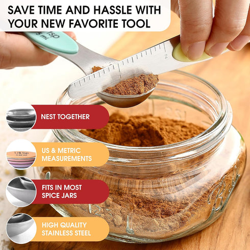Spring Chef Stainless Steel Magnetic Measuring Spoons Set of 8 with Leveler for Baking and Cooking