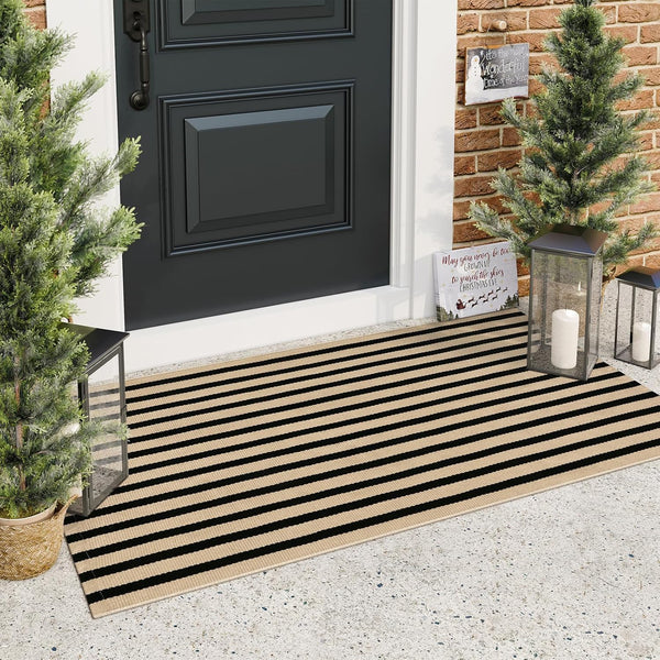 Black and Tan Outdoor Rug, 2x4.3 Striped Hand-Woven Entryway Mats, Reversible Layered Doormat