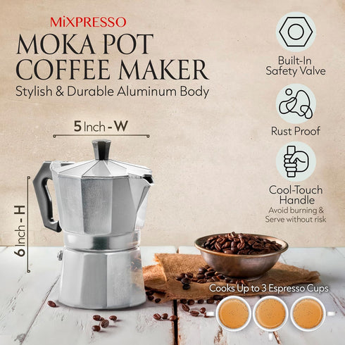 Mixpresso 3 Cup Moka Pot Cuban Coffee Maker for Gas, Electric Stove Top, Classic Italian Espresso Maker, 5 Oz