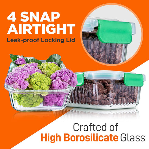 NutriChef 5-Piece Reusable Glass Meal Prep Containers, 30 oz Stackable Kitchen Storage with 4-Side Locking Plastic