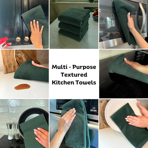 Textured Dark Green Kitchen Dish Towels 100% Cotton Cloth Soft Cleaning Drying Absorbent Terry Ribbed Loop: Set of 3 Multipurpose for Everyday Use by Serafina Home
