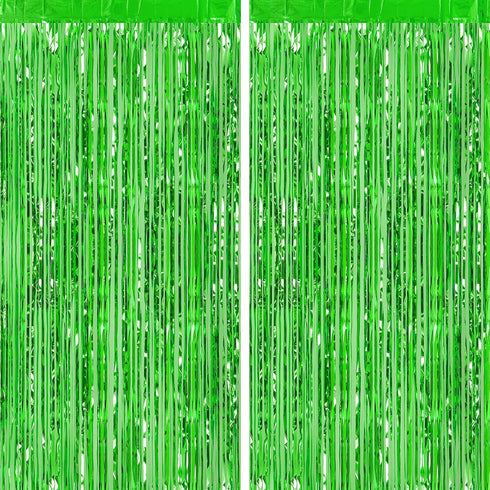 CHRORINE 2pcs 3ft x 8.3ft Green Tinsel Foil Fringe Curtains, Streamers Backdrop for Birthday Jungle Safari Party