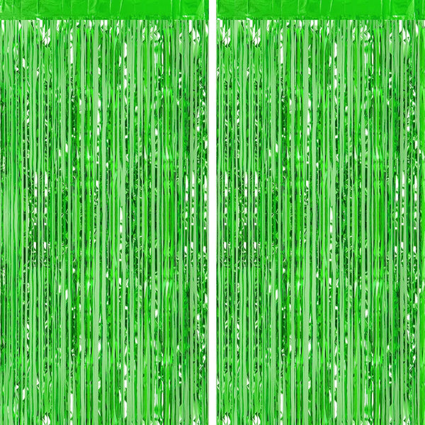 CHRORINE 2pcs 3ft x 8.3ft Green Tinsel Foil Fringe Curtains, Streamers Backdrop for Birthday Jungle Safari Party