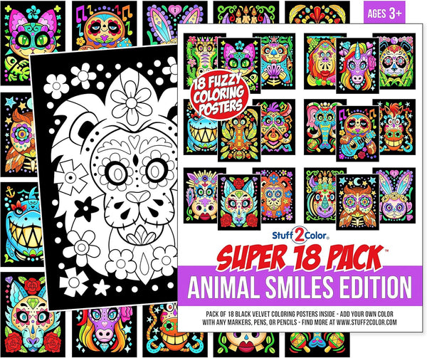 Stuff2Color Super Pack of 18 Fuzzy Velvet Coloring Posters (Animal Smiles) - Arts & Crafts for Kids and Group Activities