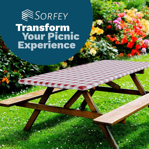 Sorfey Vinyl Picnic Table Fitted Tablecloth Cover, Checkered Design, 28 x 72 Inch, Blue