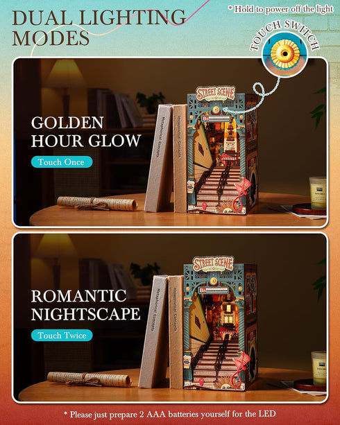 Sunset 3D Rolife DIY Book Nook Kits Street Scene, Endless Stairs Bookshelf Decor Wooden Puzzles for Adults, DIY