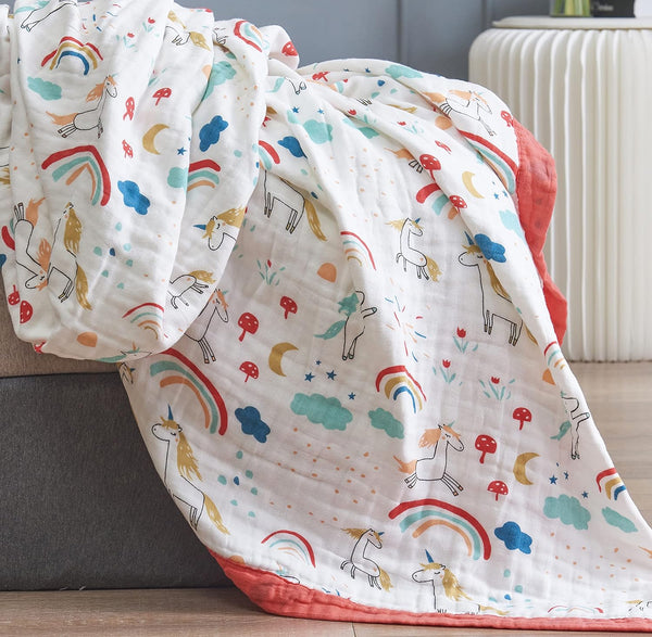 J-pinno Rainbow Unicorn Cloud Muslin Blanket 100% Cotton 6 Layer Quilt Bed Blanket