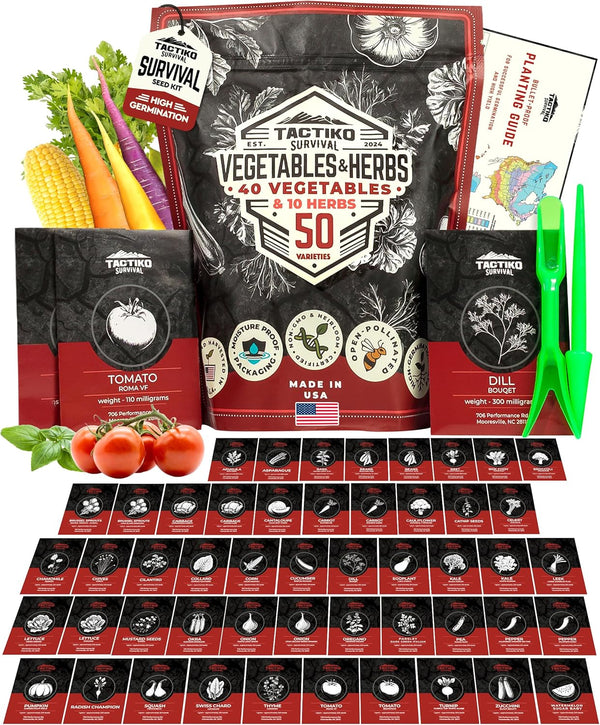 50 Tactiko Survival Vegetable, Herb & Fruit Seed Kit - U.S.A. Harvested