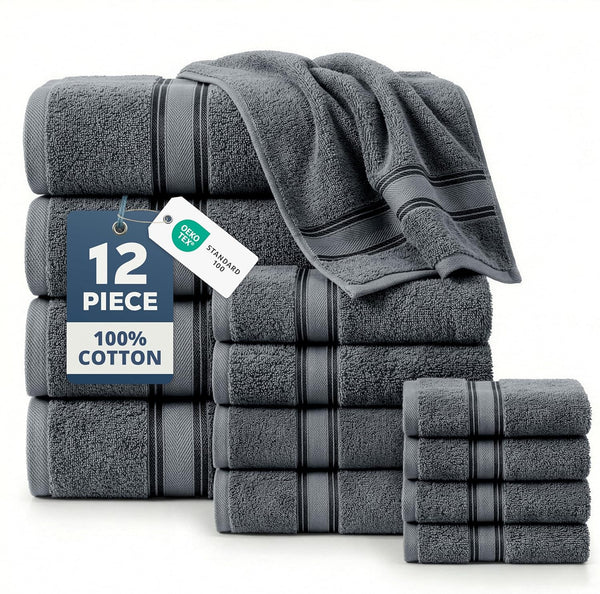 LANE LINEN Towel and Washcloths Set of 12 100% Cotton, Zero Twist,