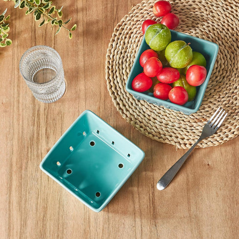 5.8" Set 2, ONEMORE Berry Basket Ceramic Berry Bowls with Holes Square Fruit Bowl Berry Colander Containers for Fridge