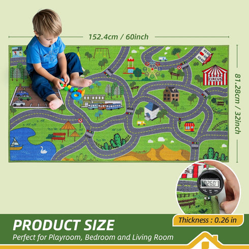 32"x60" BEQHAUSE Kids Play Mat, Green City Map Race Track Children Rugs Great for Playing with Cars, Play Area Rug Road