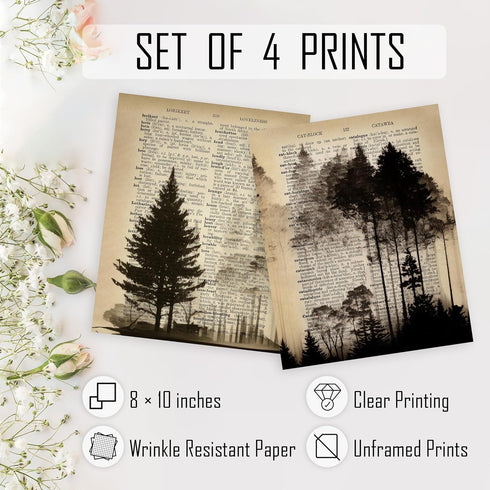 HRQKO Vintage Forest Wall Art: Set of 4 Black Landscape Prints for Farmhouse Living Room