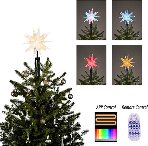 9.85'' 3D Smart Christmas Star Tree Topper Lighted Plug in, Outdoor Foldable Lightweight Moravian Star Tree Topper