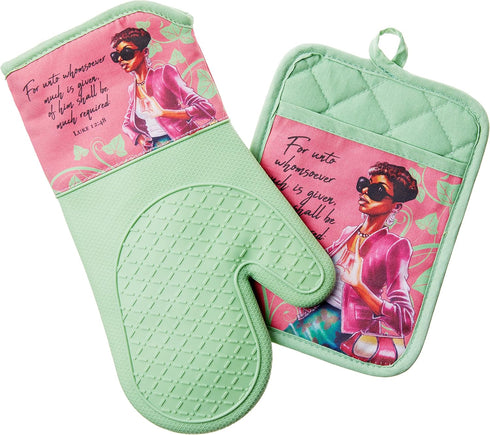 African American Expressions Pink and Green Mitt Set, Oven Mitt 7"x13"/Pot Holder 7"x9" Silicone Set