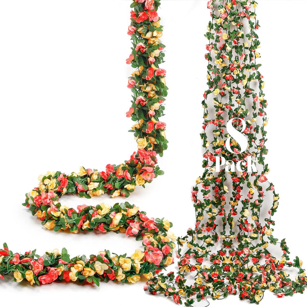 Miracliy 8Pcs 66FT Flower Garland, Orange and Champagne Artificial Rose Floral Vines for Wedding Decoration