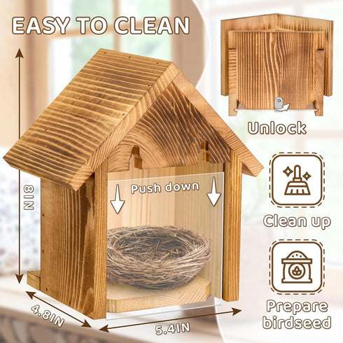 Window Bird Houses for Outside, Clear Bird House with 2 Powerful Hooks, Hanging Wooden Birdhouses for Outdoors