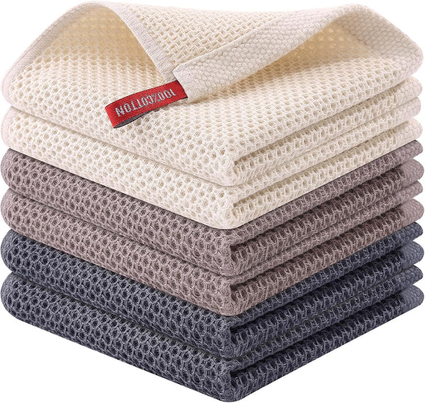 Kitinjoy 100% Cotton Kitchen Dish Cloths, 6 Pack Waffle Weave Ultra Soft Absorbent Towels, 12 x 12 Inches