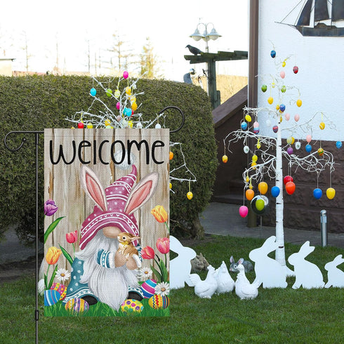 Welcome Easter Gnome Garden Flag 12x18 Double Sided Burlap, Funny Bunny Floral Small Yard Flag for Easter Holiday