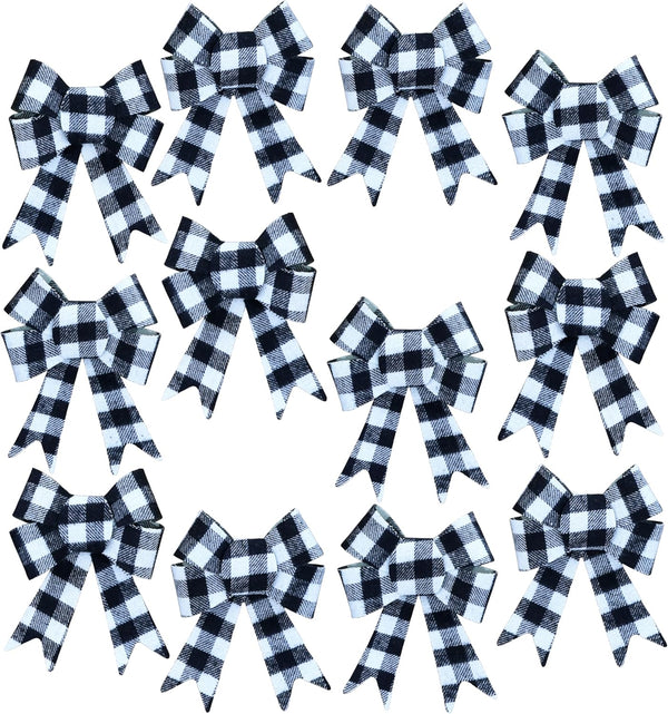 12-Pack Iconikal Black Gingham Decorative Bows, 5 x 7 inches (White Buffalo Plaid)